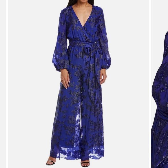 NWT ML Monique Lhuilier Belted Metallic Fil Coupe Silk Blend Wide Leg Jumpsuit 2 - Picture 7 of 16